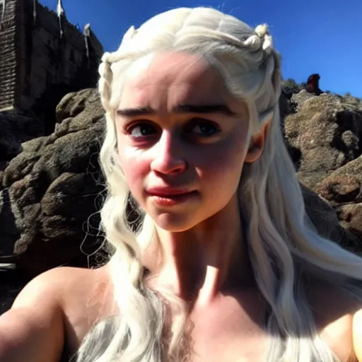 Image similar to a selfie of daenerys targaryen and a cosplay of daenerys targaryen, medium shot, detailed eyes,