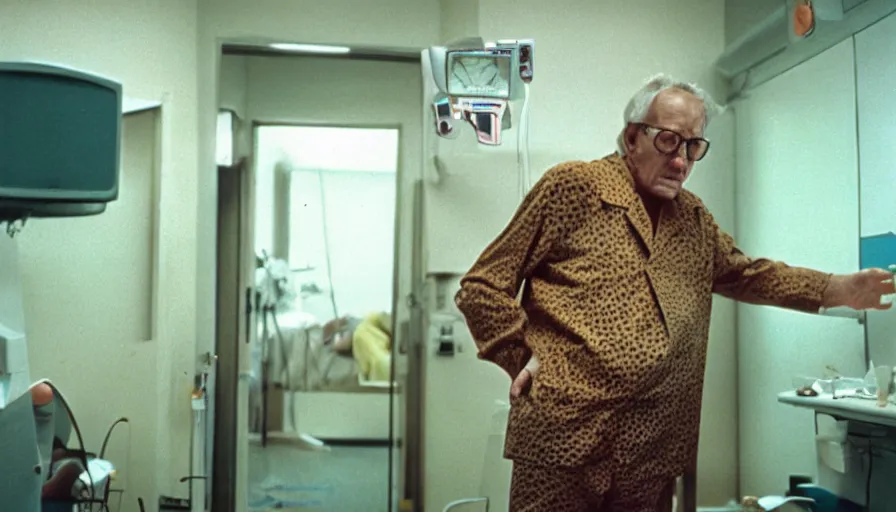 Image similar to 7 0 s movie still of a old man with trypophobia legs in the hospital, cinestill 8 0 0 t 3 5 mm eastmancolor, heavy grain, high quality, high detail