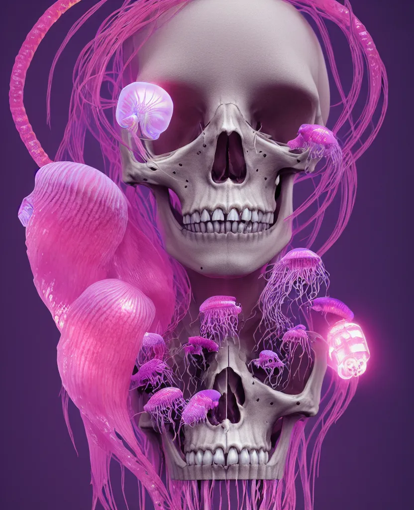 Image similar to goddess close-up portrait human skeleton, ram skull, jellyfish, orchid, betta fish, bioluminiscent, intricate artwork by Tooth Wu and wlop and beeple. octane render, trending on artstation, greg rutkowski very coherent symmetrical artwork. cinematic, hyper realism, high detail, octane render, 8k