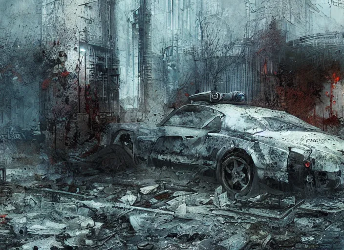 Prompt: crime scene, jpeg artefacts on canvas, by seb mckinnon and james gurney and greg rutkowski, highly detailed, hdr