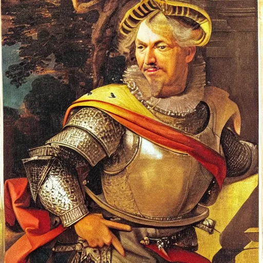 Prompt: donald trump, donald trump, wearing knight ’ s armor, holding a spectacular broadsword, by annibale carracci, two arms, two legs, donald trump ’ s face, donald trump, symmetrical face, highly detailed face, perfect face