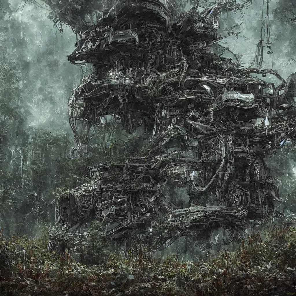 Image similar to highly detailed intricate digital painting of a derelict alien machine covered in mystical foliage, trending on artstation, 4k, award-winning art, beautiful somber melancholic atmosphere