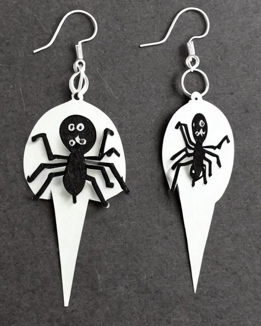 Image similar to spooky cartoon spider, 2 d lasercut earrings, in the style of tim burton