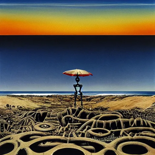 Image similar to a skeleton walking on a beach next to the ocean, nuclear bomb explosion in the background, a surrealist painting by Storm Thorgerson, featured on cg society, matte painting, realistic, chillwave