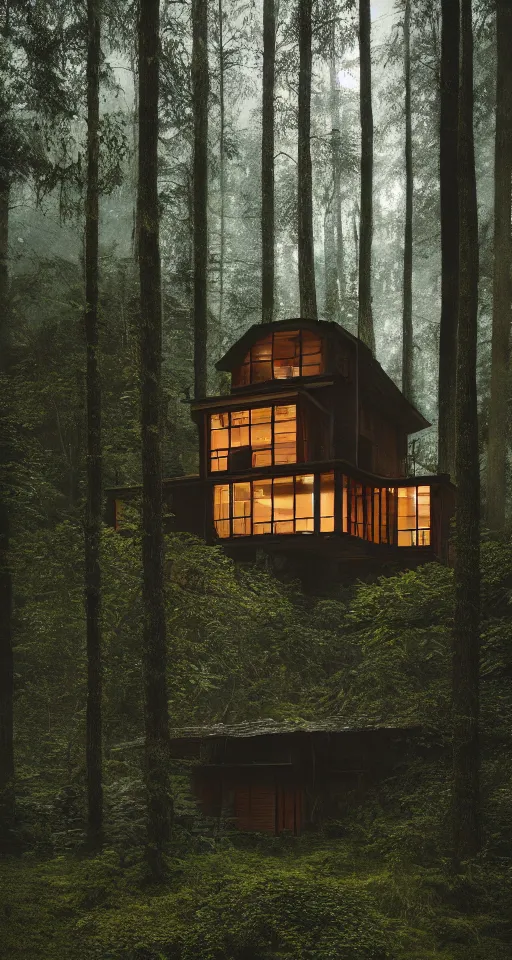 Image similar to an exquisitely designed wooden house in a lush forest, architectural photography, dark and dim lighting, beautiful, tranquil, moody, cinematic, fantasy, 3 5 mm lens, volumetric lighting, first person view, photographic render, hyper realistic