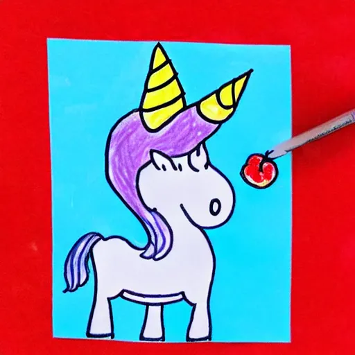 Prompt: kindergartener's drawing of a unicorn holding a raspberry in a hat, very colorful, light blue background