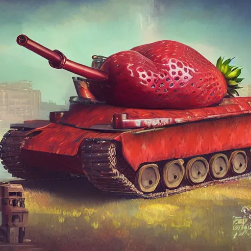 Prompt: giant strawberry tank with cannon, artstation, photo