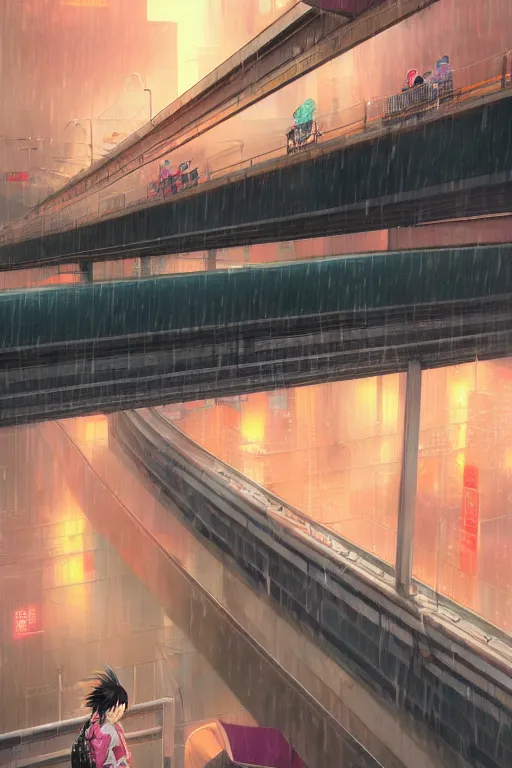 Prompt: 3d ultra realistic anime illustration, two schoolgirls flying on huge japanese elevated subway at rainy night. deep and complex composition. pastel smooth colors. style of Hiro Kiyohara anime. redshift, octane, trending on artstation, cinematic, oil painting