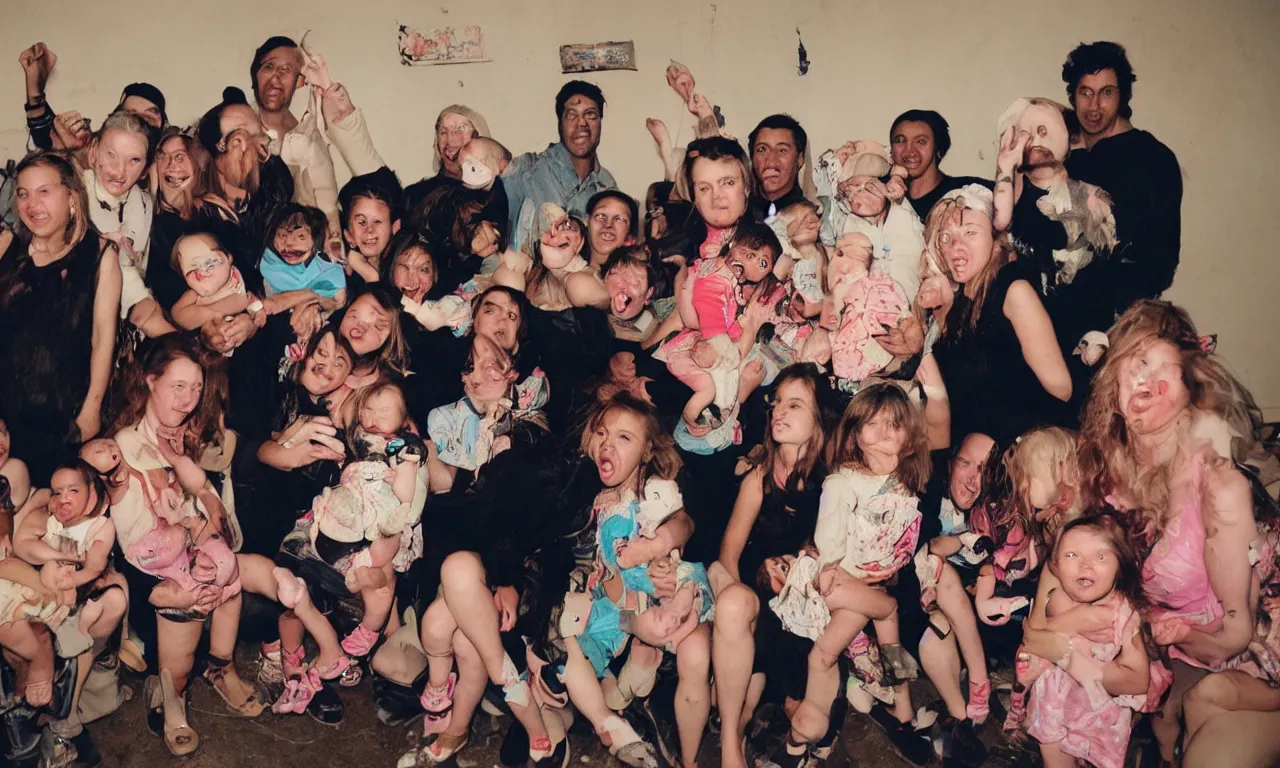 Prompt: a photograph of baby addicts hanging out at the crack house partying