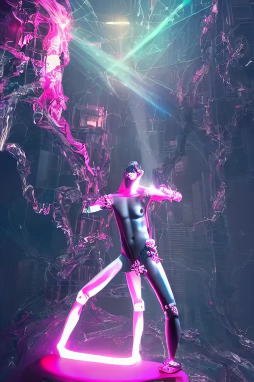 Prompt: full-body rococo and cyberpunk style quartz sculpture of a young handsome seductive Venezuelan android prince reaching for the sky, glowing pink laser eyes, crown of white gears and diamonds, swirling green-colored silk fabric. futuristic elements. full-length view. intricate artwork by caravaggio. Trending on artstation, octane render, cinematic lighting from the right, hyper realism, octane render, 8k, depth of field, 3D