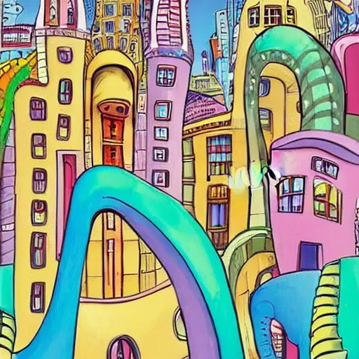 Image similar to fanciful city filled with curvy buildings, by dr seuss, oh the places you'll go, arches, platforms, towers, bridges, stairs, colorful kids book illustration