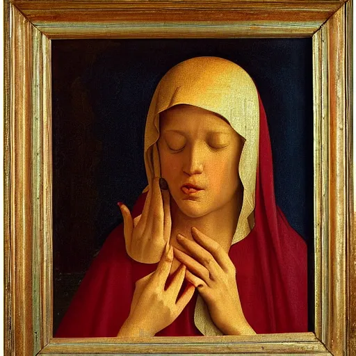 Image similar to original oil painting of mother mary crying tears by alessandro allori fra angelico