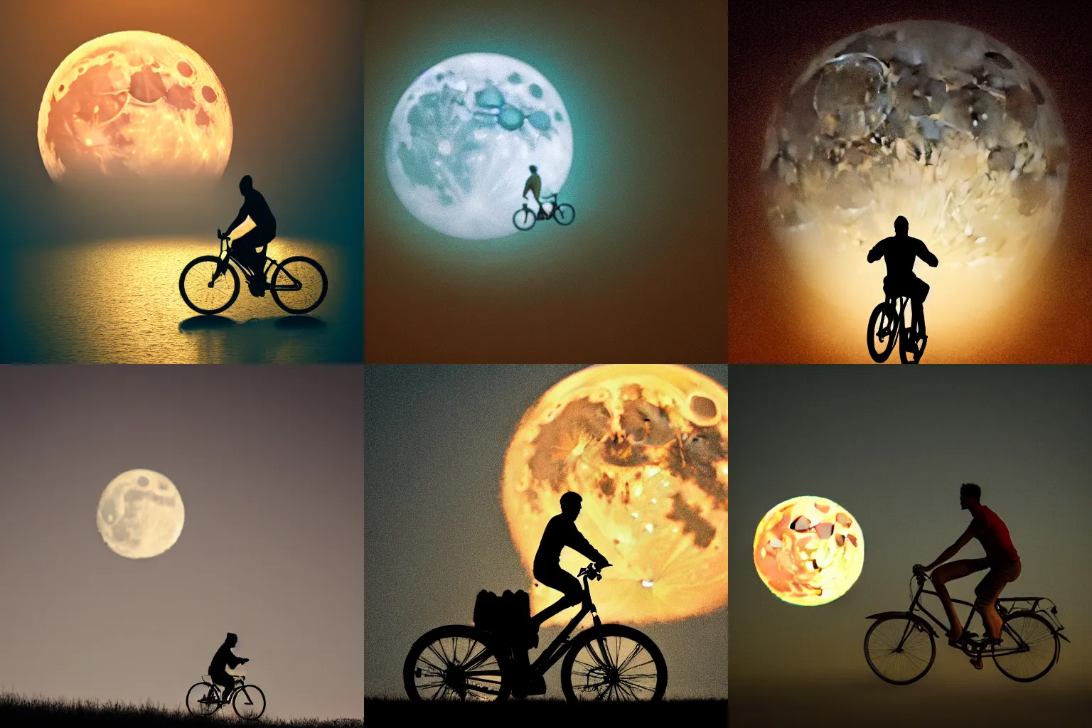 Prompt: high detail photograph of a man riding a bicycle floating in front of big moon, cinematic, atmospheric, spooky, hazy, 8k