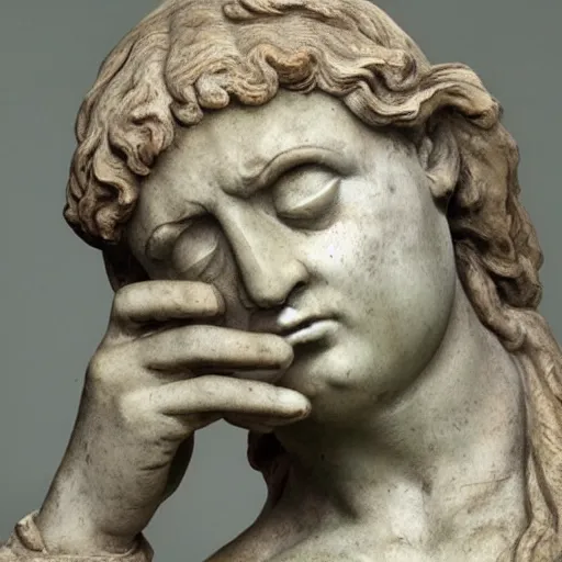 Image similar to photo of a richly detailed marble statue of a facepalming because of his slow laptop by leonardo davinci