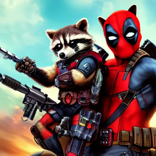 Image similar to rocket raccoon and deadpool together digital art 4 k detailed super realistic