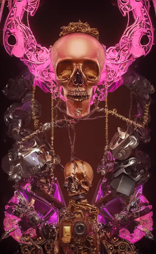 Image similar to a 3d Letter A with a large glowing pink crystal in the center, bronze cyberpunk style statue, mechanical flowers, flowing magenta silk, fabric, steampunk flowers. baroque elements, human skull. full-length view. baroque element. intricate artwork by caravaggio. many flying horses on background. Trending on artstation, octane render, cinematic lighting from the right, hyper realism, octane render, 8k, depth of field, 3D