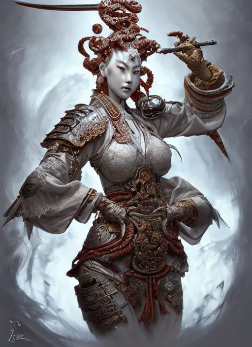 Image similar to subsurface scattering, white, koi, female samurai deity with filigree fantasy armor, by jesper ejsing, james jean, justin gerard, tomasz alen kopera, cgsociety and fenghua zhong, highly detailed, rim light, cinematic lighting, illustration, art, octane render, very coherent, cinematic, hyper realism, high detail, 8 k