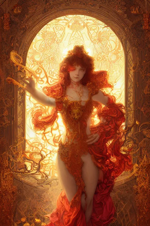 Image similar to tarot card artstation, portrait of a love dancer, sunrise, baroque ornamnet and rococo ornament, ancient chinese ornate, hyperdetailed, beautiful lighting, craig mullins, mucha, klimt, yoshitaka amano, red and gold and orange color palatte