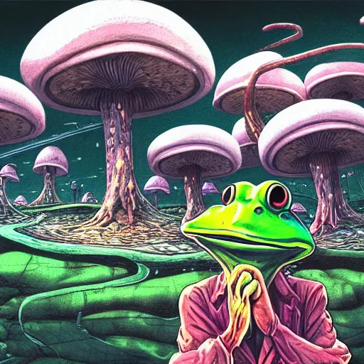 Prompt: A close up pfp of a horrifying psychedelic godlike anthropomorphic frog smoking an anime blunt , magic mushroom village in background . award winning. superb resolution. in the art style of junji Ito and greg rutkowski . Detailed Mushroom city in background. Hyper realistic anime. Perfect art. Dalle2