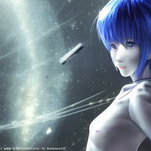 Prompt: HYPER REALISTIC VFX SIMULATION, This is a digital art piece by Yoshiyuki Sadamoto that is trending on artstation. It is a 8K UHD image of Rei Ayanami, a female anime character, inside a space station with technological rings. She is shot from the ground by Yoshiyuki Sadamoto. The environment is a concept design and the art is hyper realistic with intricate details.