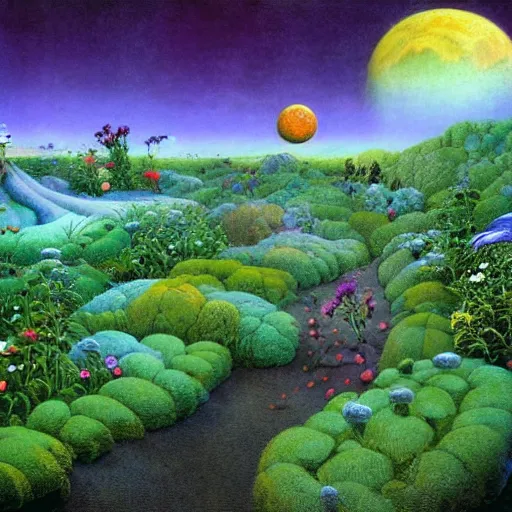 Prompt: a garden on the moon, 8 k, lowbrow, in the style of martin johnson heade, roger dean and alexander jansson,