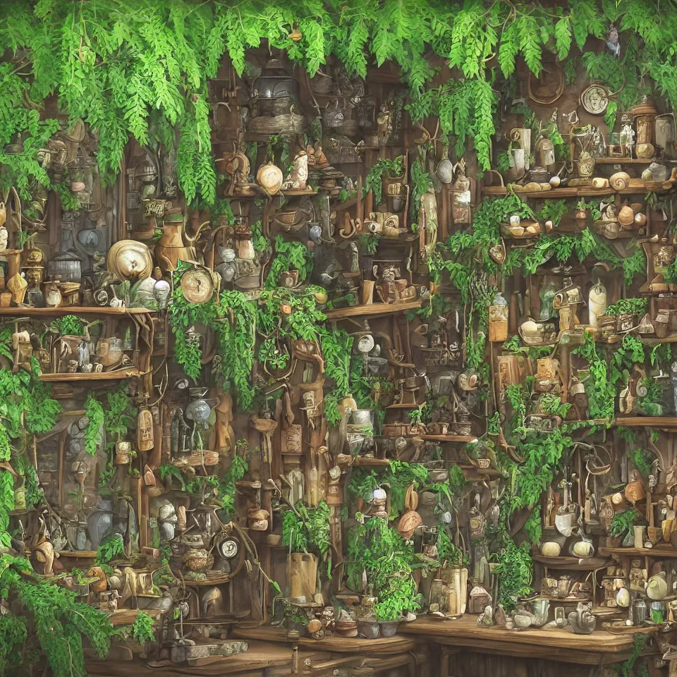 Image similar to small witch shop, counter, cauldrons, potions, visitor in a pointy hat, owls, ferns and vines, highly detailed, sharp focus, matte painting, by studio ghibli, by giovani magana,