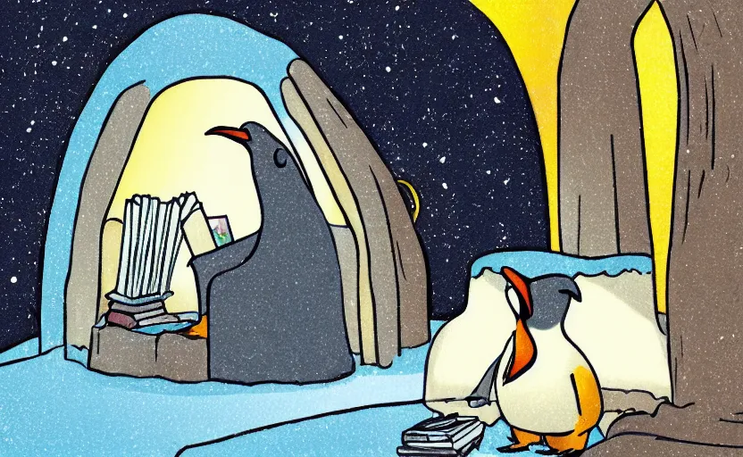 Prompt: childrens book illustration of an emperor penguin sitting down and reading a book inside an igloo