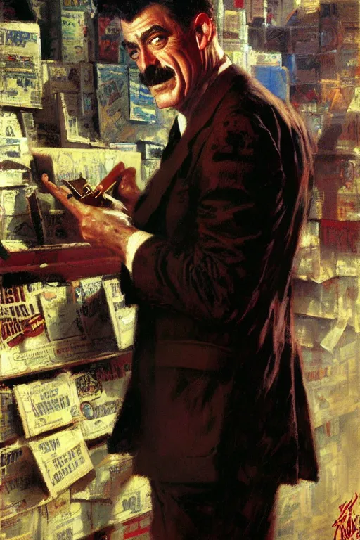 Image similar to j jonah jameson picking out cigars painting by gaston bussiere, craig mullins