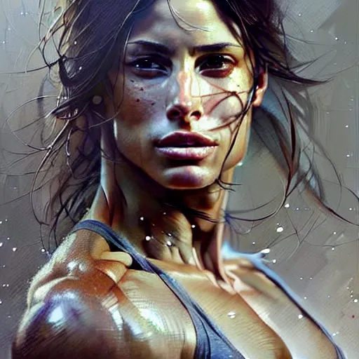 Prompt: a very beautiful portrait of muscular model sarah shahi, very beautiful face, pretty face, very detailed eyes, muscular, by wlop, greg rutkowski, simon bosley