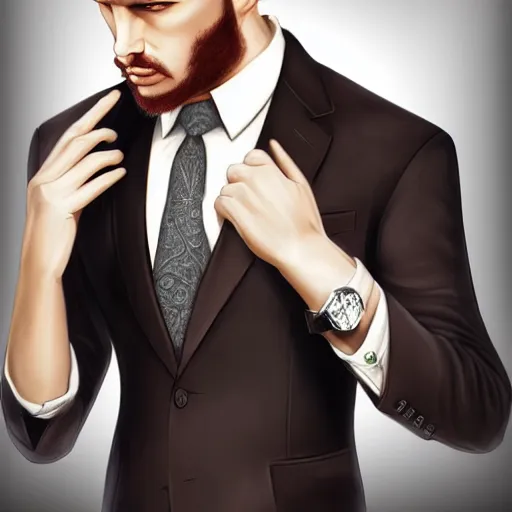 Prompt: handsome serious man in a three - piece suit, hyper realism, digital painting, high quality, photo realistic detailed portrait