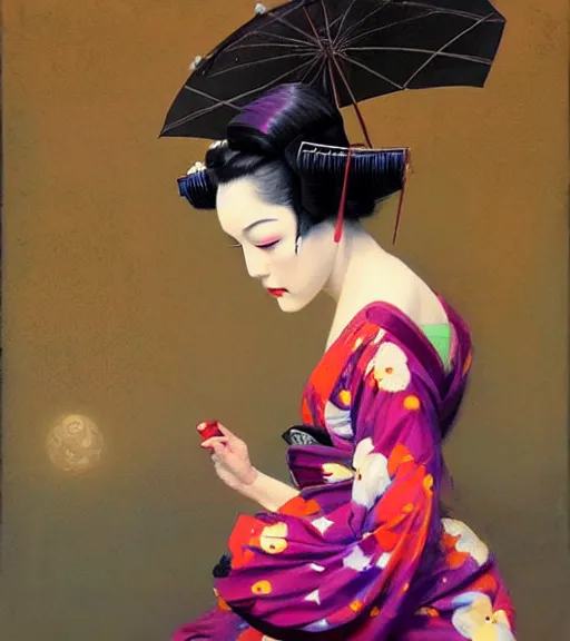 Image similar to delightful geisha, sleepwalk by bartholomew beal, alfio presotto, rhads, salustiano garcia cruz, lita cabellut, contemporary art, mixed media, whimsical art, detailed,