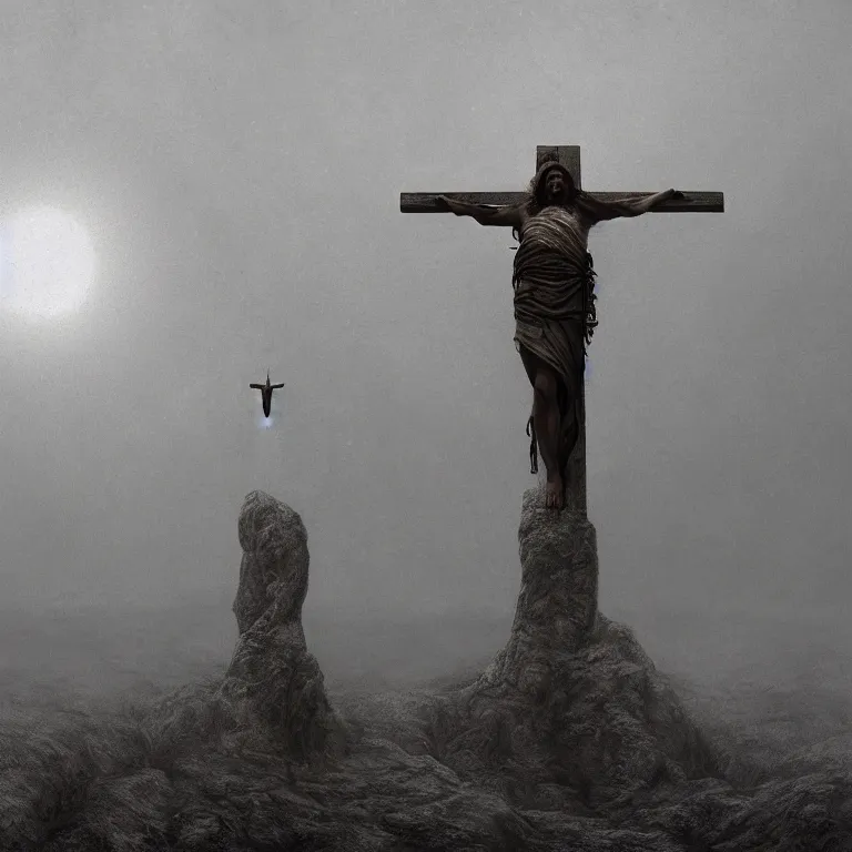 Image similar to jesus christ crucifixion by beksinski, fantasy, scary, award winning halo. octane render, cinematic, hyper realism, octane render, 8k, depth of field, bokeh. iridescent accents.