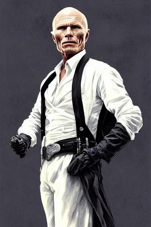 Image similar to ed harris as the man in black, westworld, wearing an all white outfit in the style of art by artgerm and greg rutkowski and alphonse mucha