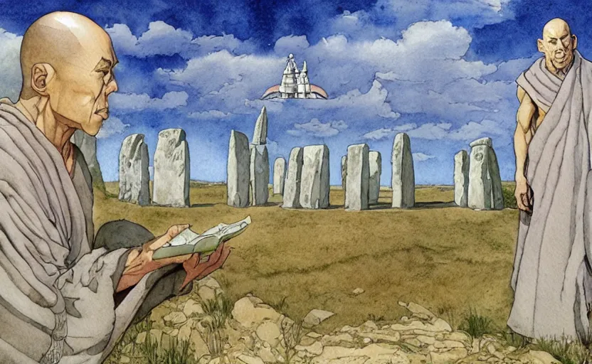Image similar to a hyperrealist watercolor fantasy concept art of giant monk with a long forehead in grey robes sitting in stonehenge. in the background a ufo is in the sky. by rebecca guay, michael kaluta, charles vess