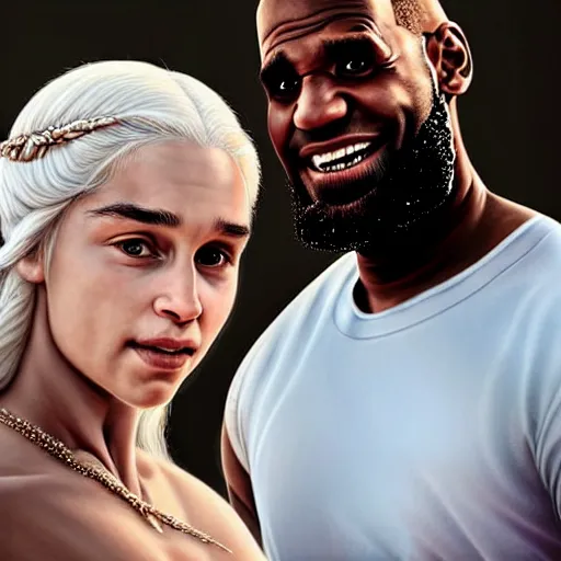 Image similar to beautiful serene intricate portrait of daenerys targaryen and lebron james taking a selfie, smiling softly, relaxing on the beach, golden hour, soft focus, 8 k, art by irakli nadar, hyperrealism, hyperdetailed, ultra realistic