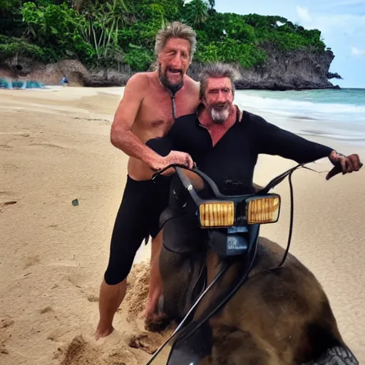 Image similar to john mcafee riding a black panther on a tropical beach