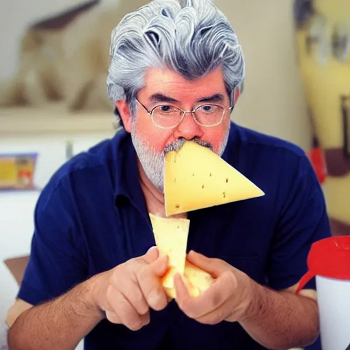 Prompt: george lucas eating a cone of cheese flavored ice cream