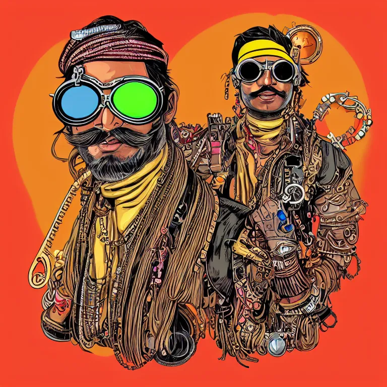 Image similar to face portrait of an indian man with long neon moustache rajasthani pagdi wearing madmax style steampunk goggles and steampunk jewelry, art by butcher billy, sticker, colorful, illustration, highly detailed, simple, smooth and clean vector curves, no jagged lines, vector art, smooth