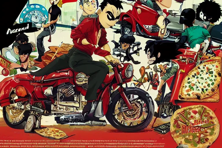 Image similar to italian pizza, akira's motorcycle, gorillaz, poster, kid drawn