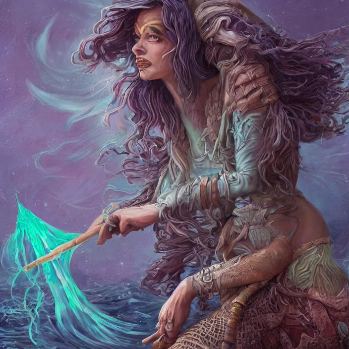 Image similar to sea witch casting a spell, d & d style, trending on artstation, intricate, highly detailed, vivid painting, colorful, art by alexandr leskinen