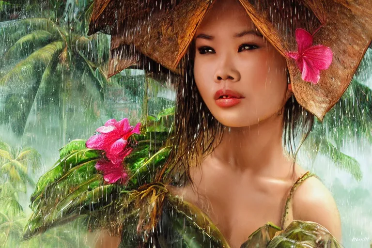 Image similar to ultra realistic illustration, closeup photo, monsoon on tropical island, attractive oriental woman, frontal, ornate, beautiful, atmosphere, vibe, mist, coconuts, rain, wet, pristine, puddles, melting, dripping, creek, bridge, forest, roses, flowers, by stanley artgerm lau, thomas kindkade