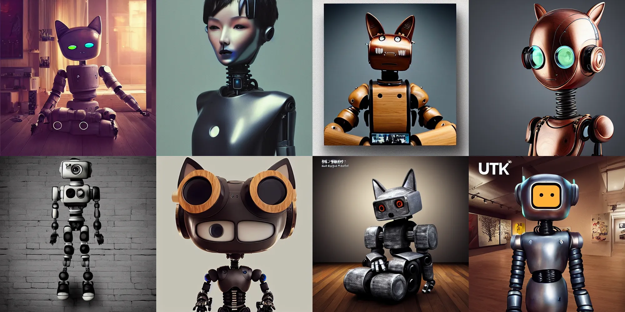 Prompt: ultra realistic dream 8k octan advertising photo, totally wooden sculpture collection art toys on feet, very cute robot zen with cat ears ,cyberpunk a contemporary art gallery artworks by Tooth Wu