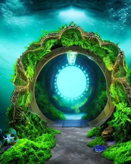 Image similar to underwater otherworldly stargate, entrance to atlantis populated sealife, moss, rocks, epic scenery, far, starry gate photorealistic