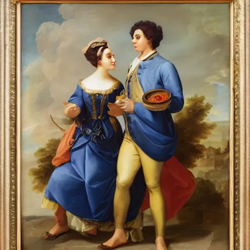 Prompt: by pietro antonio rotari, by cassius marcellus coolidge elaborate mac and cheese, lapis lazuli. a beautiful print. every conversation between friends or lovers creates its own easy or awkward rhythms, hidden talk that runs like a subterranean river under even the most banal exchange.