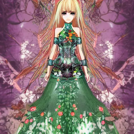 Prompt: cute female forest spirit wearing ornate floral cybernetic mughal valentino resort dress in a 3 d psx ps 2 jrpg style, esoteric scifi magical alien ruins ritual environment, fashion gameplay screenshot, highly detailed, atelier, xenogears