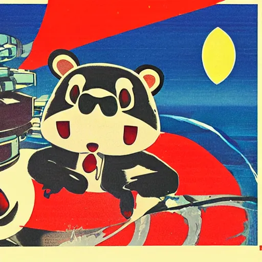 Prompt: tom nook in a japanese propaganda poster about the economic and physical state of new horizons.