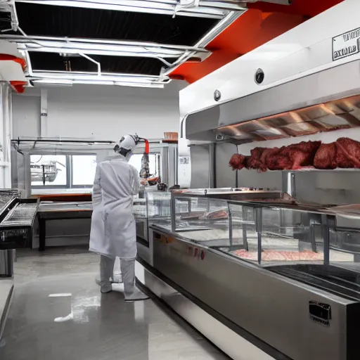 Prompt: butcher shop with robotic kuka robot cutting machines, steel countertops display various cuts of meat, photorealistic, highly detailed