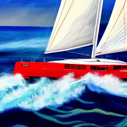 Image similar to catamaran yacht on the ocean during a storm painting, 4 k, hyper realistic, dslr, high resolution, landscape, beautiful