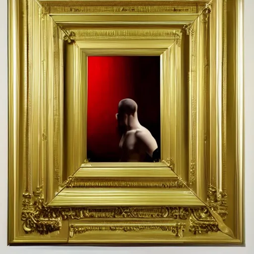 Image similar to an all white human, with no facial features, like a white mask pulled over their face, full body laying in a blood red pool of water between a golden mirror frame, outside is space and inside the mirror frame is a beautiful landscape., physically accurate, dynamic lighting, intricate, elegant, highly detailed, very very Roberto Ferri, sharp focus, very very unsettling, very terrifying, illustration, art