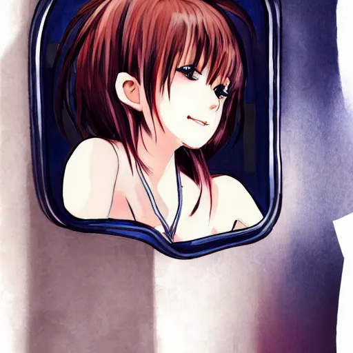 Image similar to an anime girl looking at a mirror, illustration, highly detailed